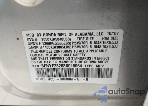 2008 Honda Pilot Vp из США, поврежденный, VIN 5FNYF28208B015064
